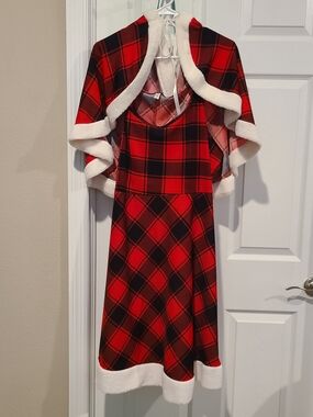 RoseGal EUC Red and Black Plaid Holiday Dress with Fur-Trim Cape, 3X